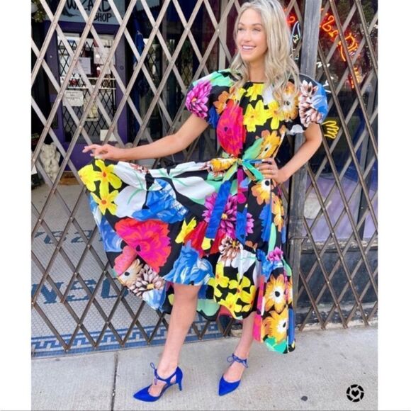 Christopher John Rogers Dress Womens small Black Blue Puff Sleeve Floral Target - Picture 1 of 14